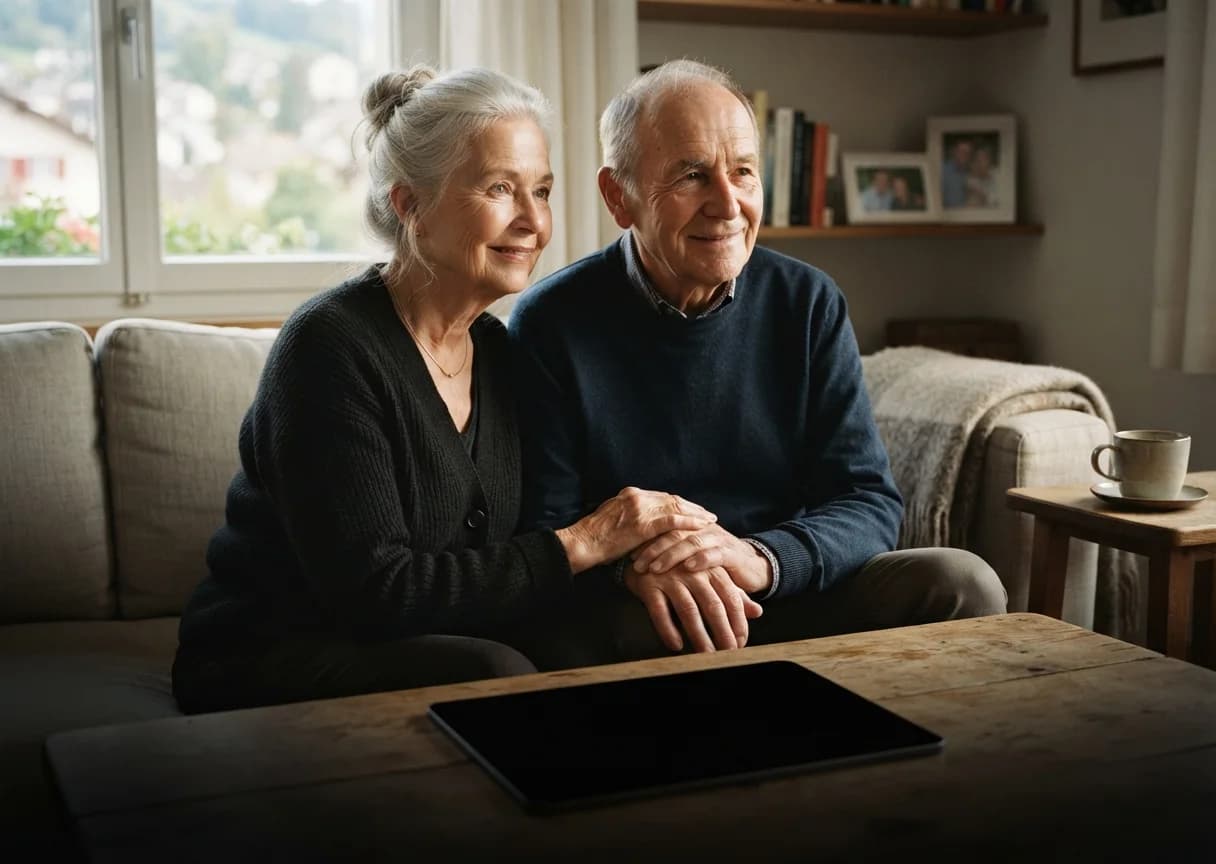 Seniorenpaar zu Hause mit CareGuard auf dem Tablet