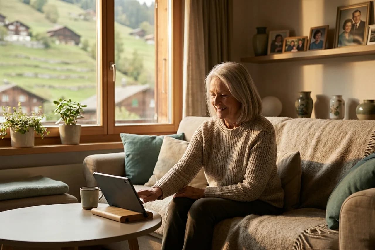 Ältere Person geniesst das CareGuard-Tablet — Spielen, Musik und Fotos der Familie