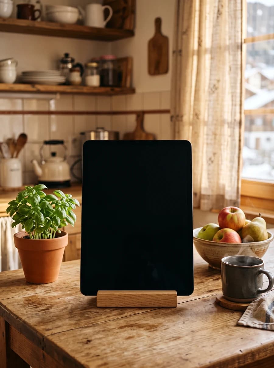 CareGuard-Tablet steht in der Küche und zeigt das Senioren-Dashboard